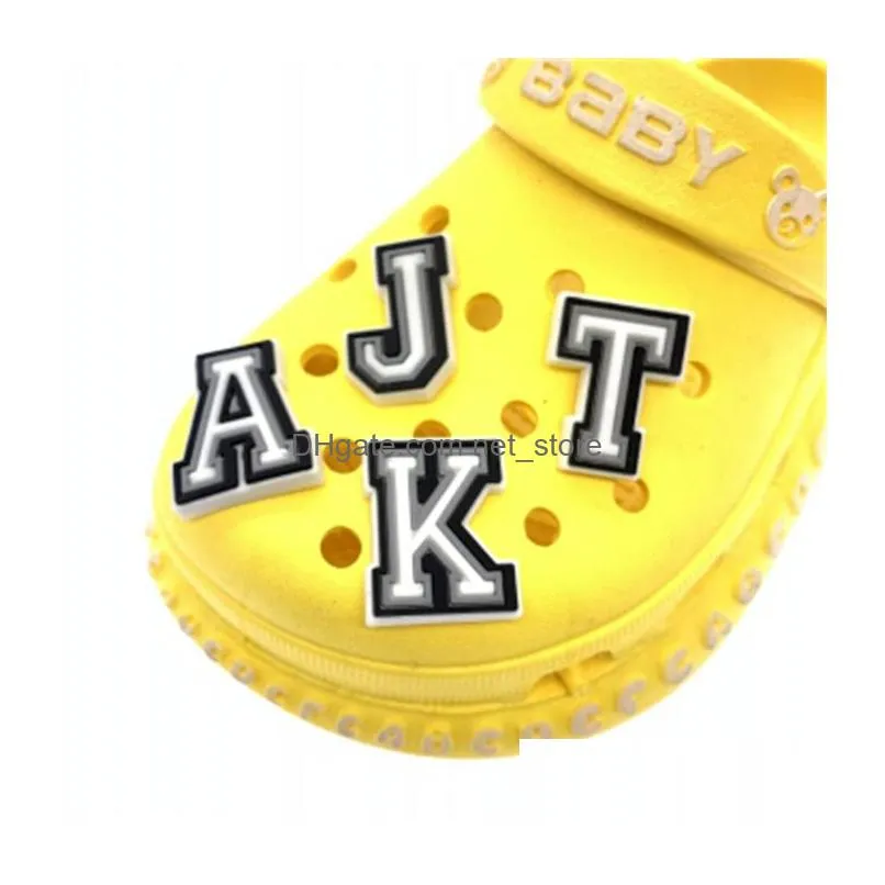  selling 1pcs black white alphabet shoes charms silicone croc accessories kids xmas gifts wristband hole slipper decor