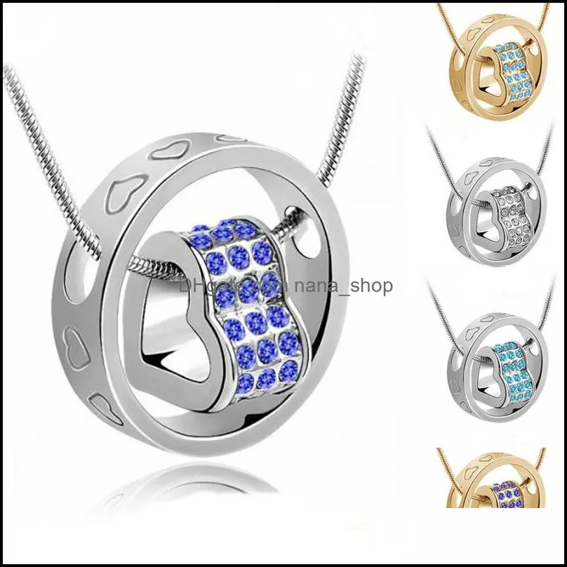 luxury crystal heart necklaces austria rhinestone heart and ring pendant gold silver chain necklace for women ladies fashion jewelry
