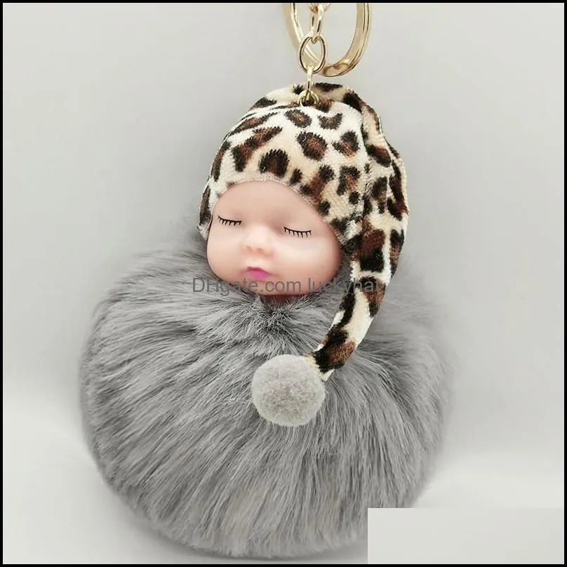 sleeping baby doll key rings fashion faux rabbit fur ball fluffy keychains leopard cap keyfob pendant jewelry for women