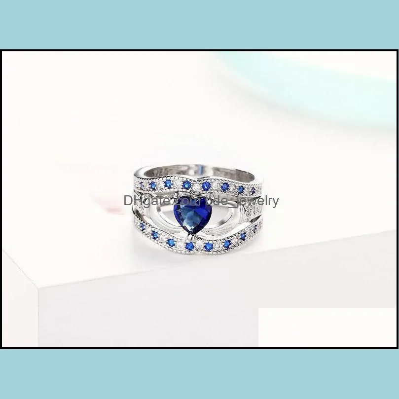 luxury three layers sapphire rings sets 925 sterling silver blue crystal rhinestone diamond heart wedding ring for women fashion