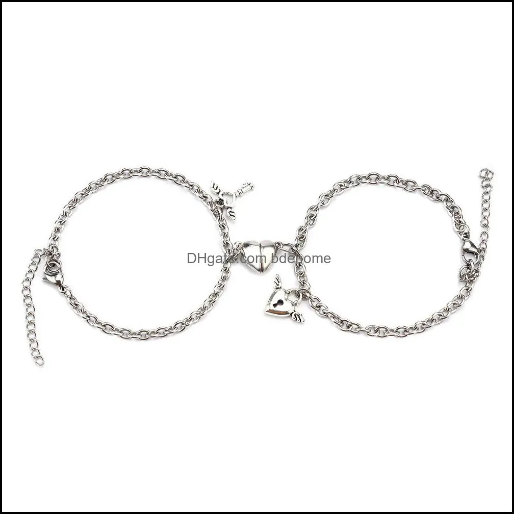 2 pcs magnet attract creative couple bracelet stainless steel friendship charm heart bracelets bangle jewelry q609fz