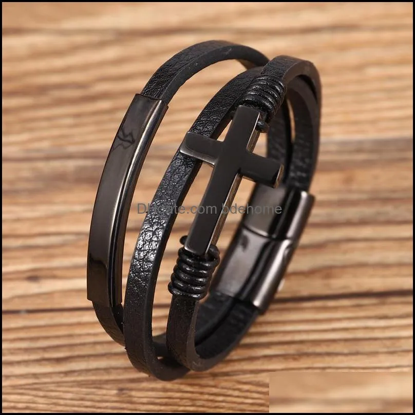 stainless steel leather cuff wrapped bracelet jewelry women bangle men cross bracelets q291fz