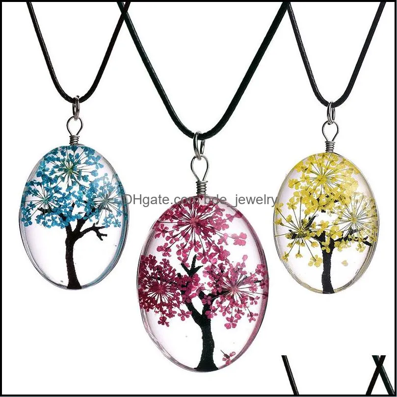  oval tree of life glass necklaces for women dried flowers specimen pendant leather chain fashion jewelry gift