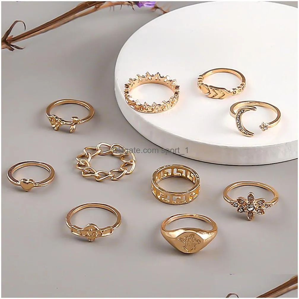 fashion jewelry knuckle ring set chain geometric flower moon heart crown stacking rings 10pcs/set