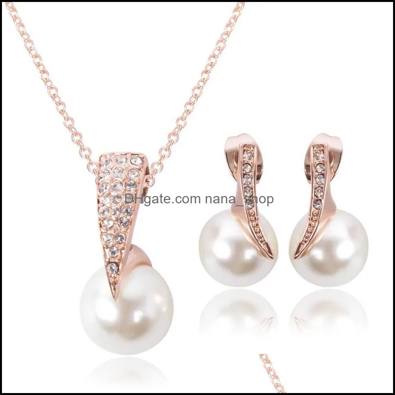 fashion wedding jewelry set for women crystal big faux simulated pearl pendant drop earrings bride engagement jewelry gift
