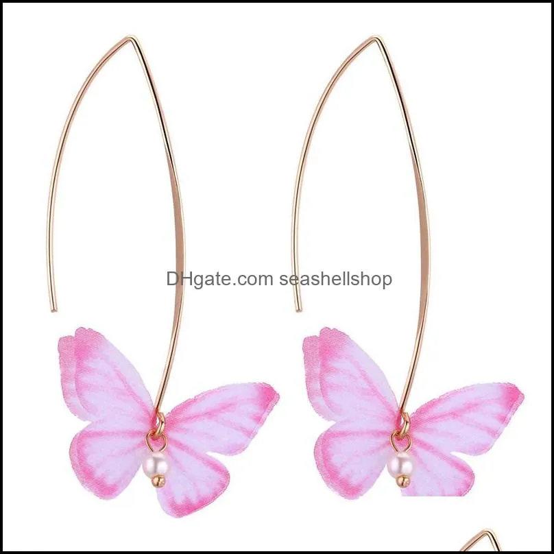 new fashion chiffon butterfly earrings for women girls imitation pearls big hook long dangle earrings tulle wings party jewelry gifty