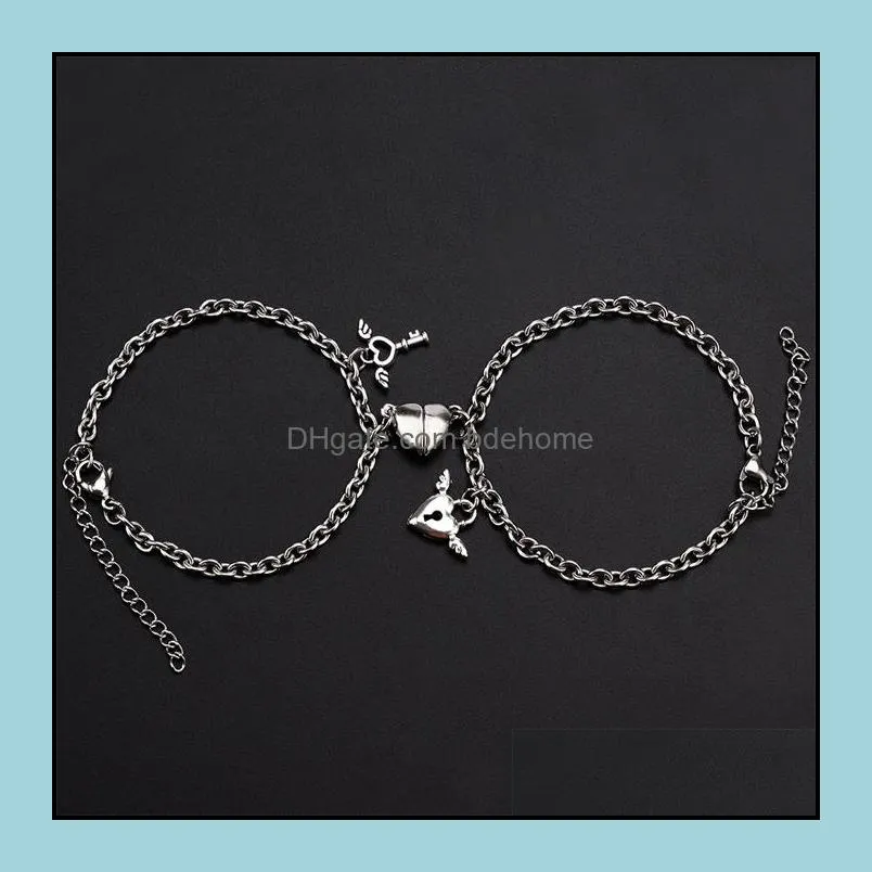 2 pcs magnet attract creative couple bracelet stainless steel friendship charm heart bracelets bangle jewelry q609fz