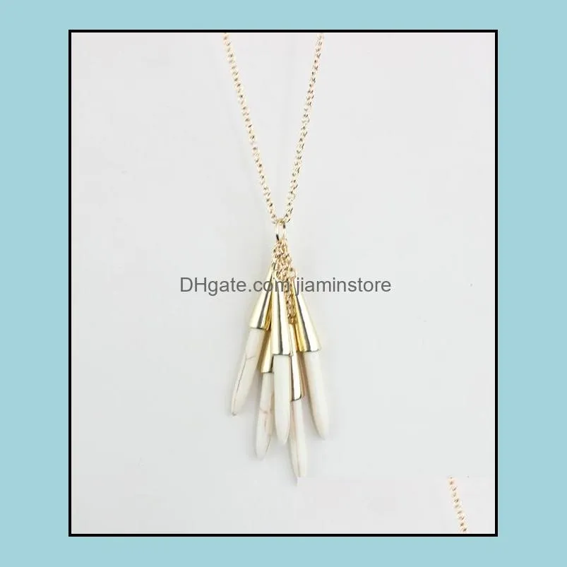 fashion natural stone white green turquoise necklace gold metal long chain sweater statement necklace