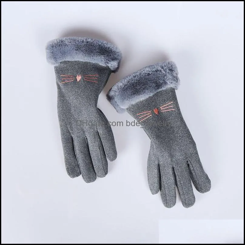 winter female derong warm cashmere cute mittens suede thicken plush full finger wrist touch screen driving gloves