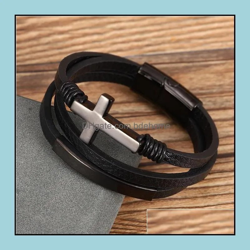 stainless steel leather cuff wrapped bracelet jewelry women bangle men cross bracelets q291fz