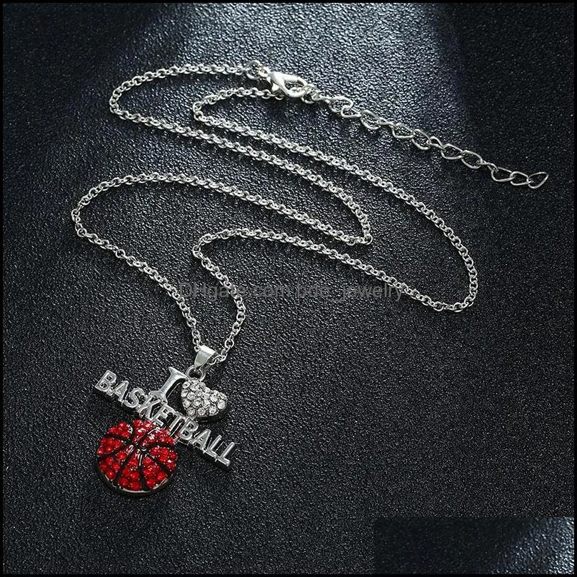  i love volleyball necklaces crystal letter heart basketball football pendant silver chains for women fashion sports jewelry gift