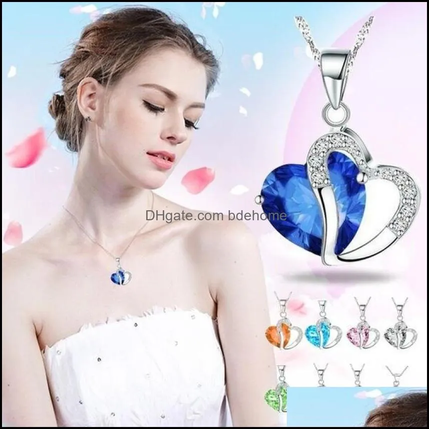 10 colors romantic crystal pendants necklaces for women beautiful love heart shaped silver chain choker female fashion jewelry in bulk