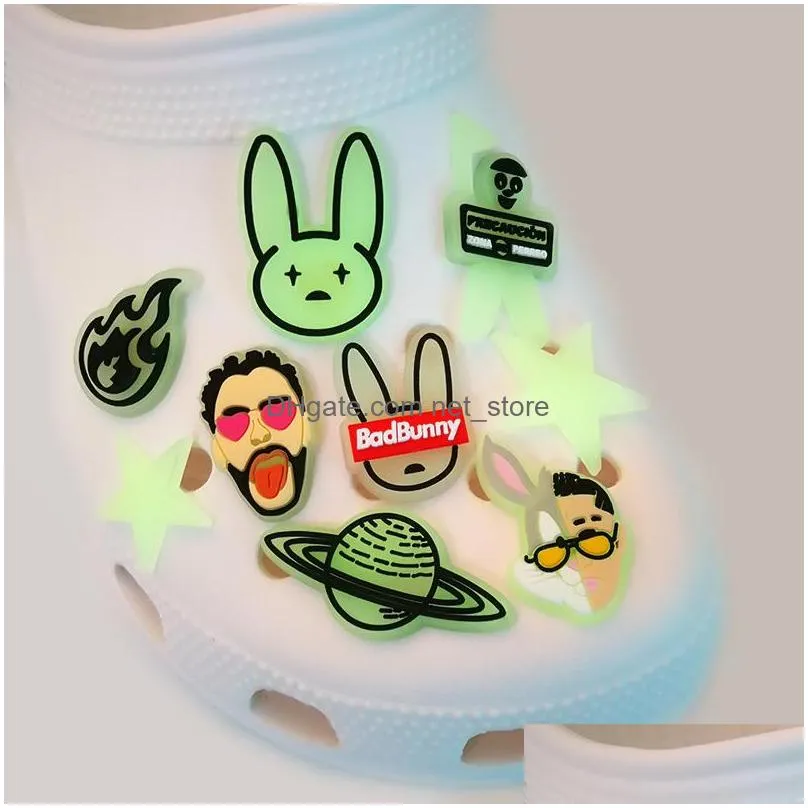 20pcs bad bunny pattern glow in the dark croc jibz charms luminous 2d pvc shoe accessories decorations fluorescent clog pins shoes buckles charms fit kids