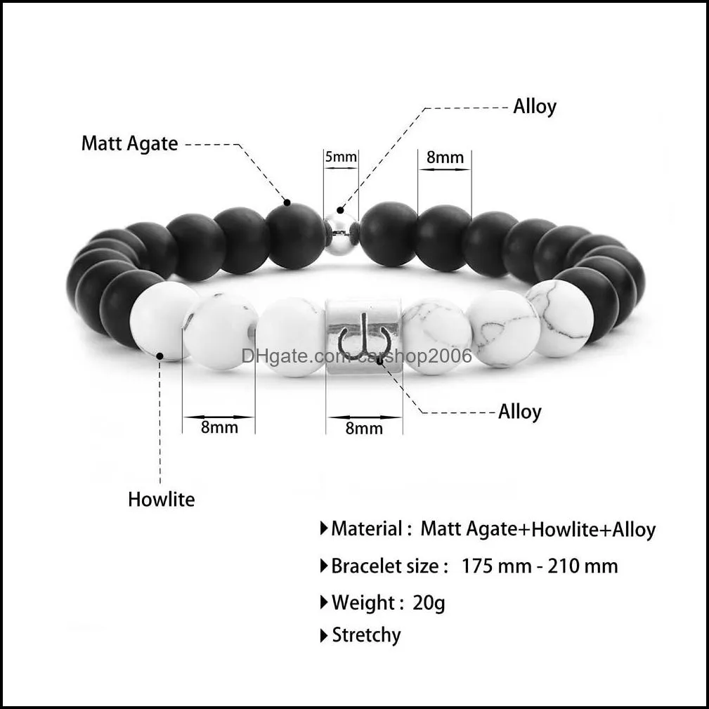 12 zodiac signs 8mm matte stone white elastic beads strands bracelets vintage constellation horoscope bracelet jewelry for men women