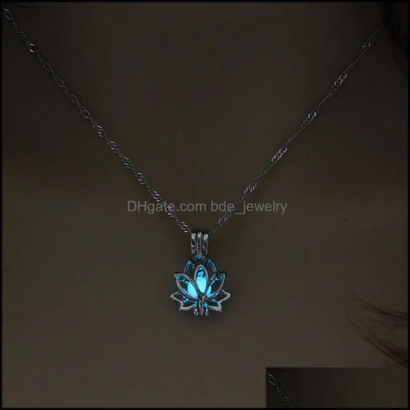 glow in the dark lotus flower necklaces for women hollow open luminous beads cages locket pendant chains fashion jewelry gift