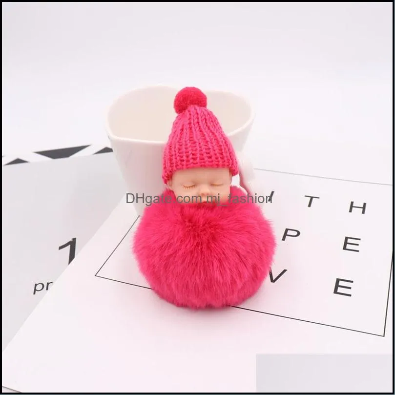 women fluffy pompom key ring jewelry nice variety toy cute sleeping baby doll keychains faux puff ball keyfobs pendant gifts