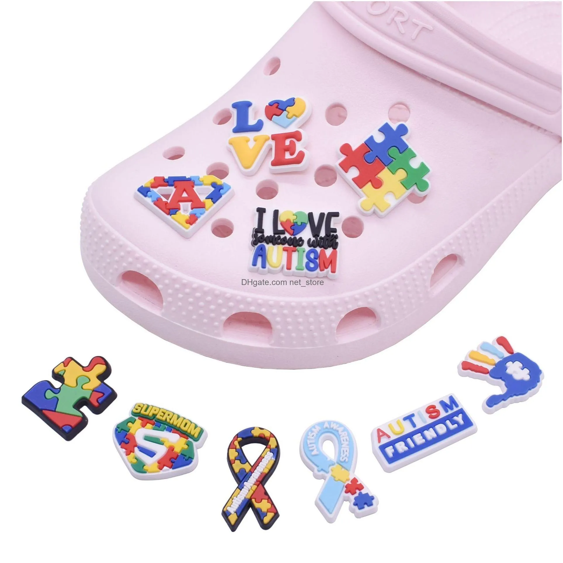 autism theme shoe parts accessories decoration charm buckle jibitz for croc charms clog wristband buttons