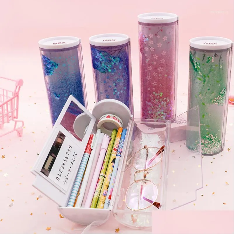 pencil cases 2021 novelty multifunction cylindrical quicksand translucent box case school stationery pen holder storge gift supply1