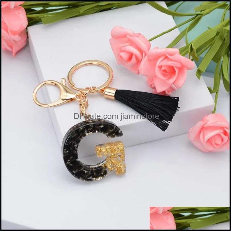 fashion english letter keychain with tassel black az keyring glitter sequins filling resin key chain gifts accessories