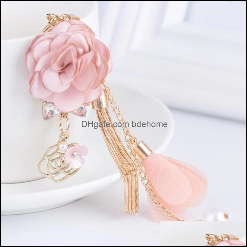 fashion charm pink rose flowers key rings women romantic bag pendant tassel keychain jewelry gifts