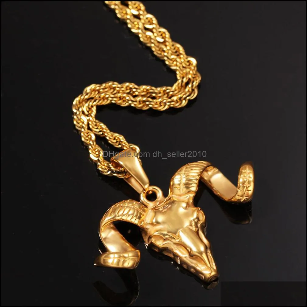 retro sheep head men pendant necklace gold plated shofar stainless steel animal necklace hip hop jewelry gift