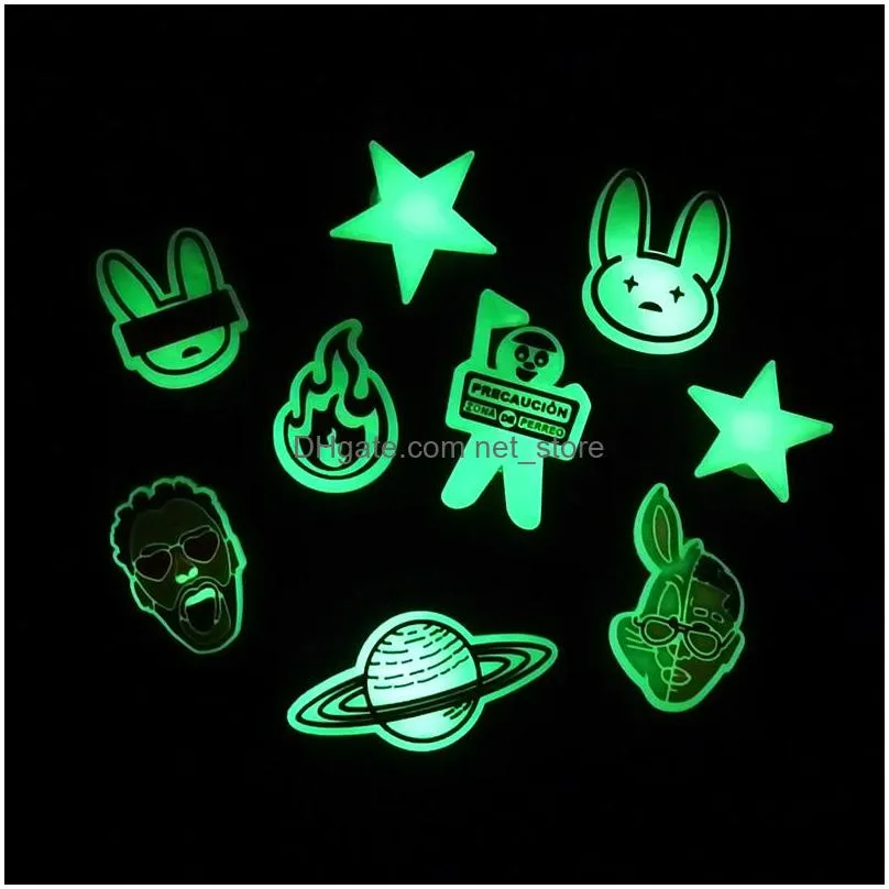 20pcs bad bunny pattern glow in the dark croc jibz charms luminous 2d pvc shoe accessories decorations fluorescent clog pins shoes buckles charms fit kids