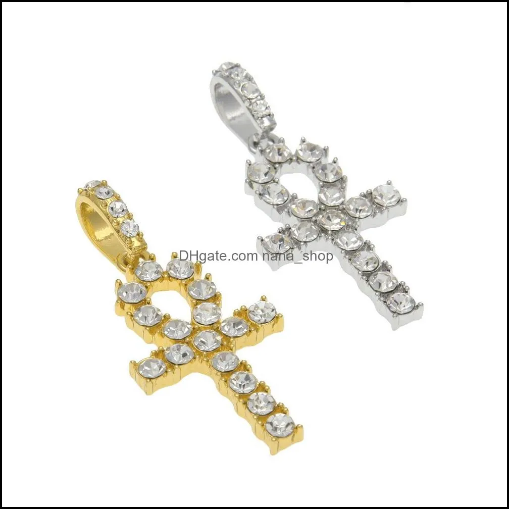 egyptian ankh key of life necklaces mens iced out bling crystal cross pendant gold silver tennis chain for women rapper hip hop jewelry