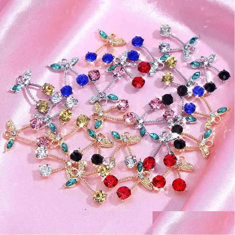 10pcs/set gold silver color cherry crystal charms fashion fruit jewelry accessories for making diy earrings pendant necklaces