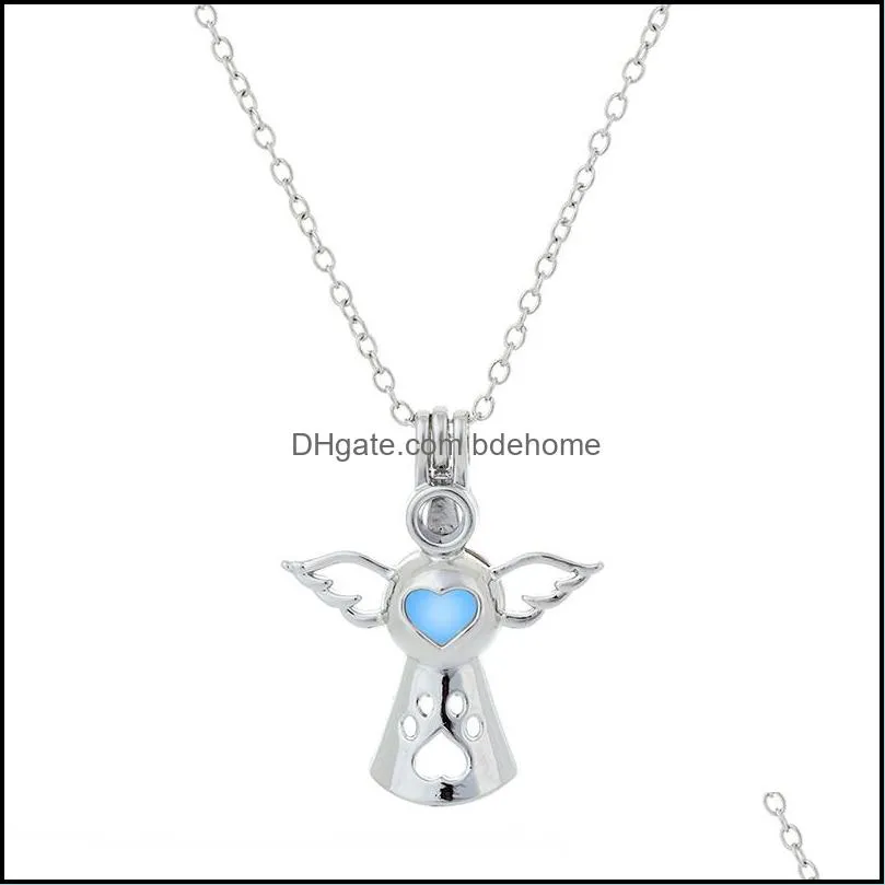 luxury luminous angel wings pendant necklaces glow in the dark open cage locket charm chains for women men fashion jewelry in bulk