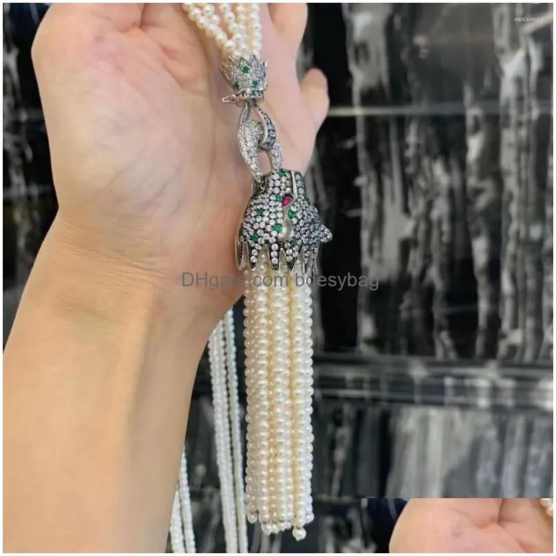pendant necklaces 23mm real natural  water pearl sweater necklace long tiny beads leopard tassels fashion women jewelry