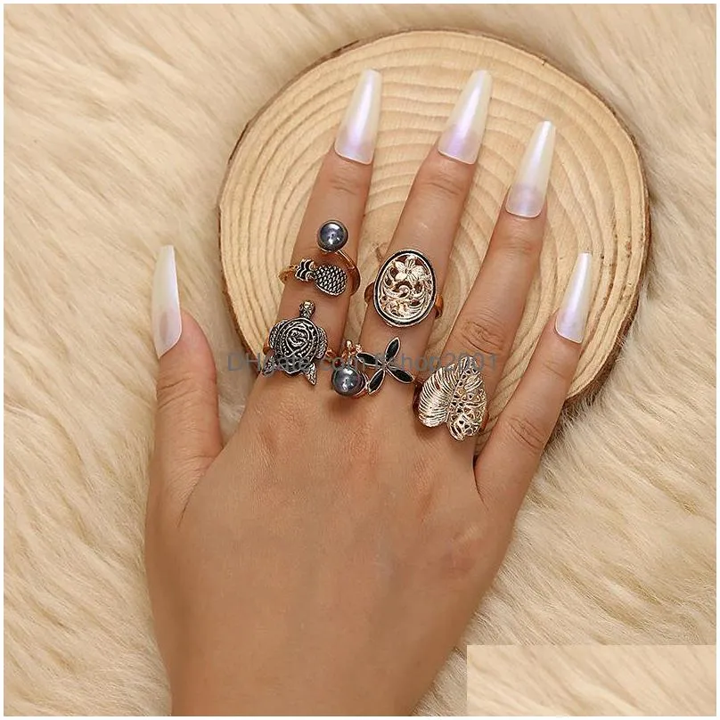fashion jewelry knuckle ring gray pearl hollow carved leaves flower turtle rings set 5pcs/set