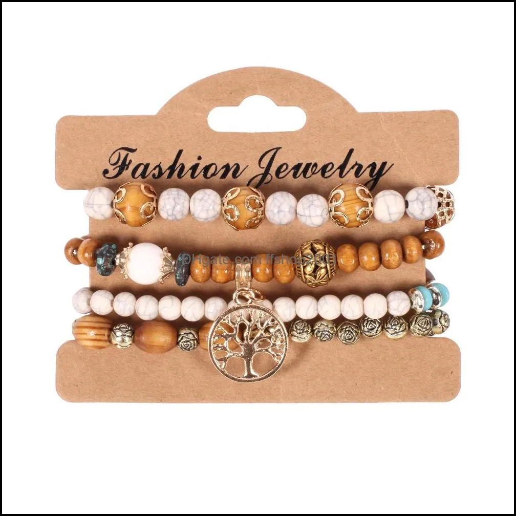 4pcs/set bohemian wooden beaded chains bracelets for women tree of life metal rose flower charm wood beads bangle fashion boho jewelry