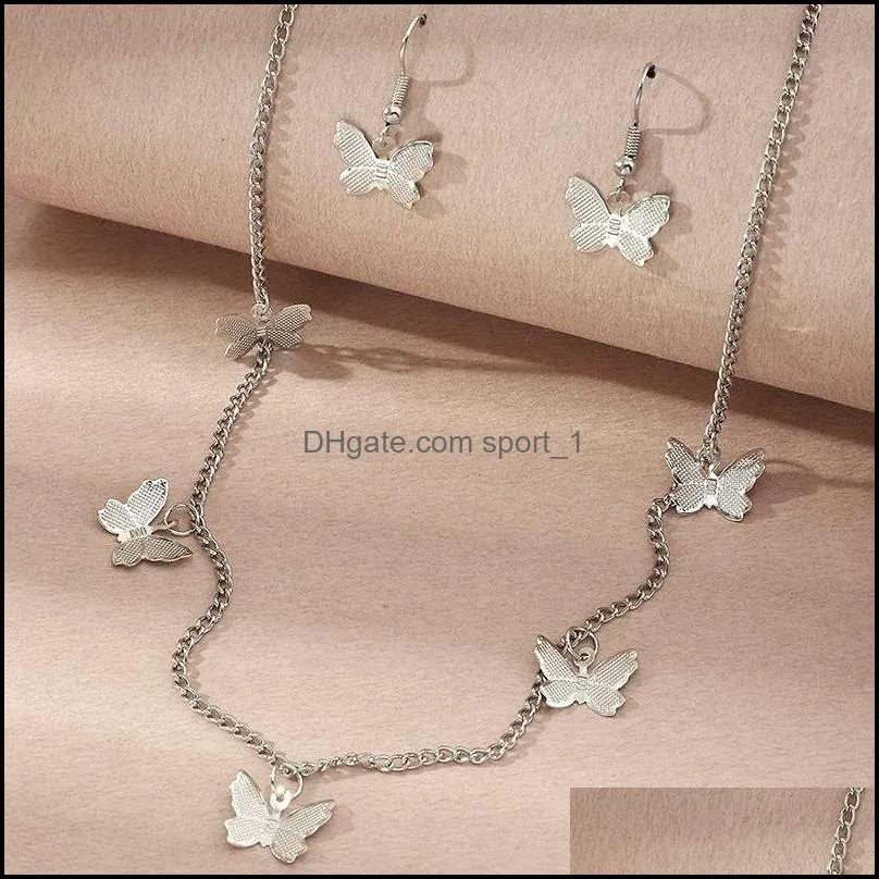 casual butterfly pendant necklace earrings sets metal for women gold color trendy wholesale