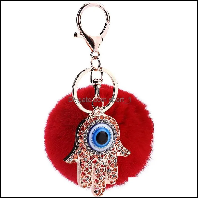 cute rhinestone devils palm blue eye car keychains fake fur women trinket bag key ring jewelry gift