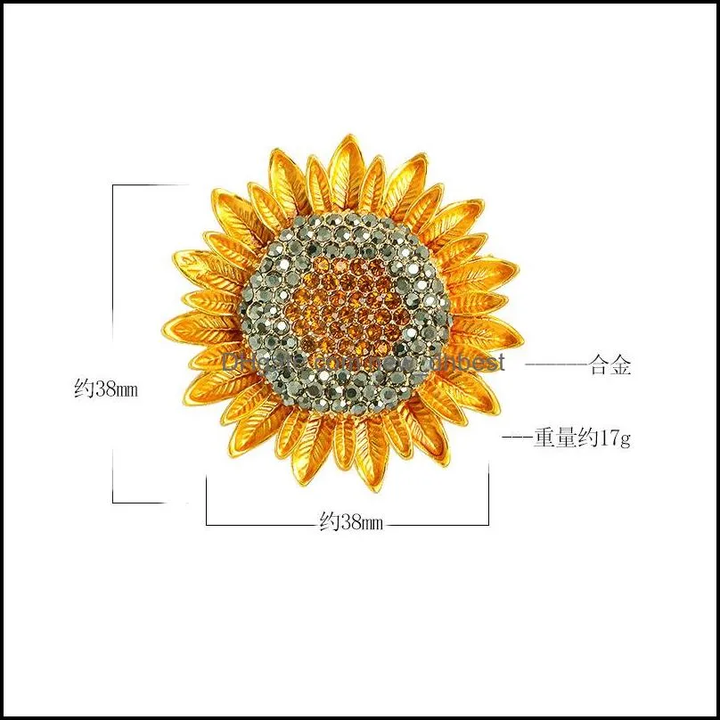 golden crystal sunflower brooch rhinestone floral pins brooches for men women party suit collar jewelry accessories 2193 t2