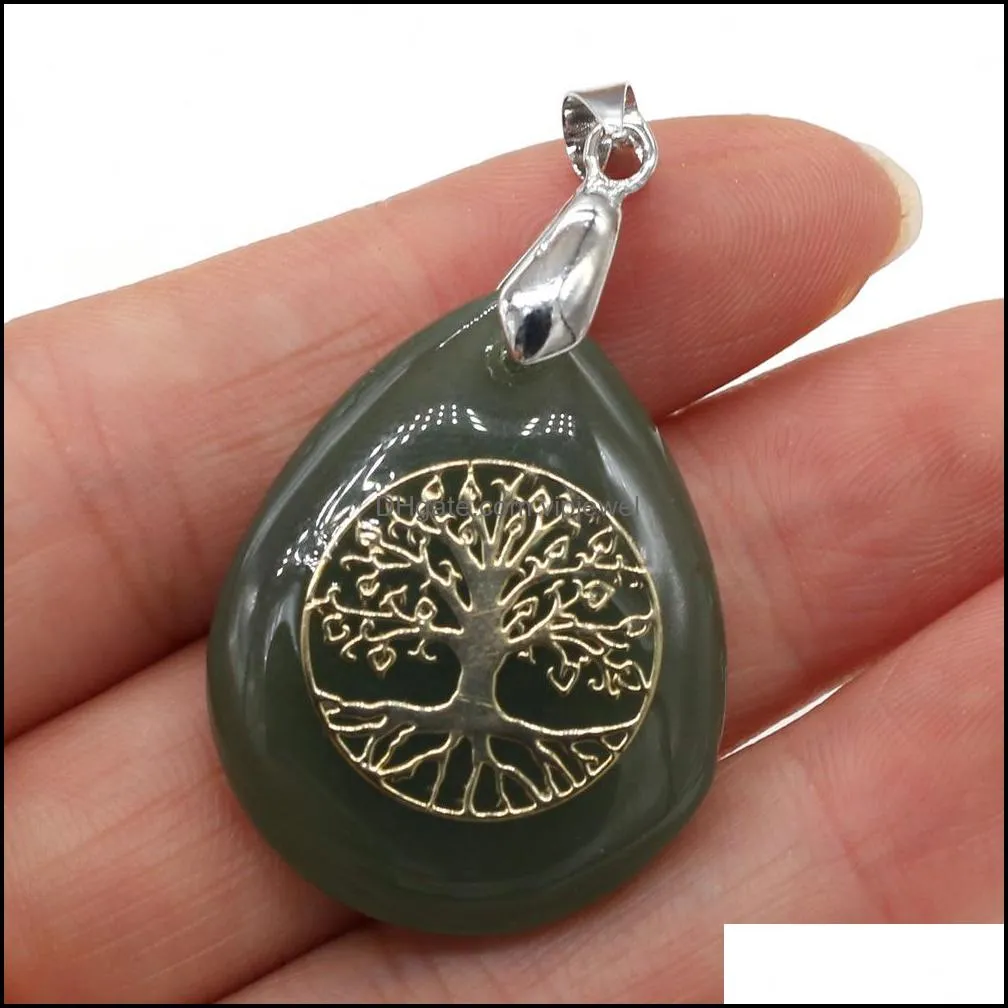 natural stone tree of life pendant charms purple pink crystal tigers eye water drop shape metal alloy pendant seven chakra reiki for diy jewelry necklace