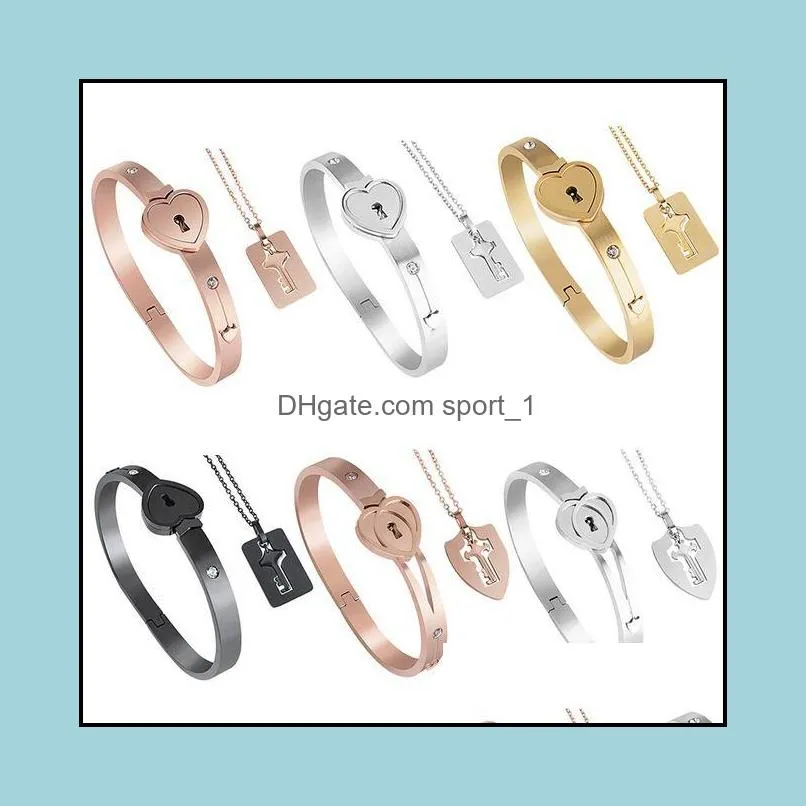 fashion couple lovers jewelry set love heart lock bracelet stainless steel bangles key pendant necklace gift