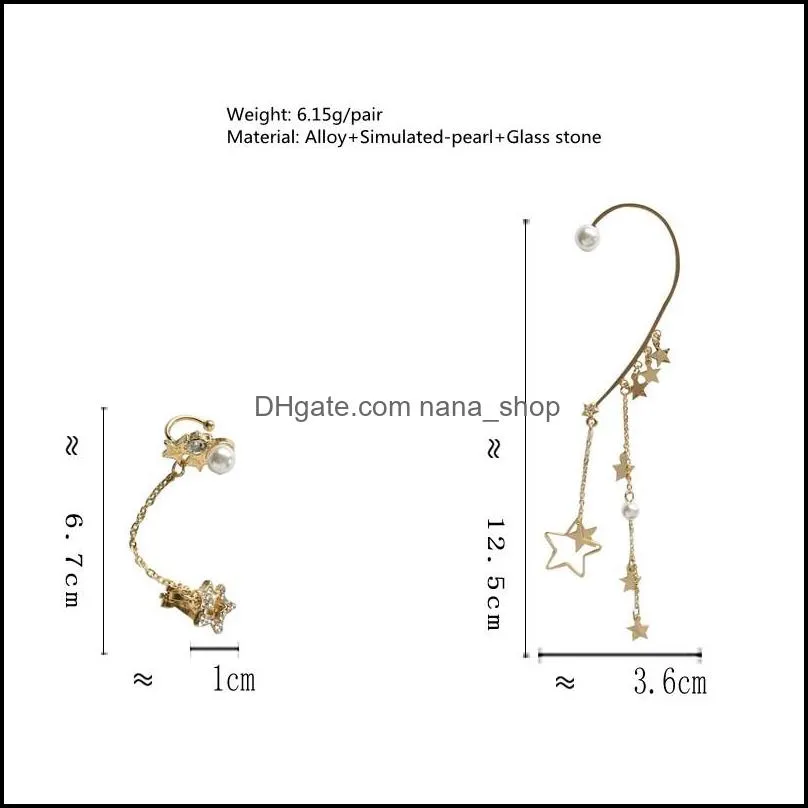 fashion ear cuff with asymmetric temperament beautiful women earring cuffs stars tassel pearl earrings