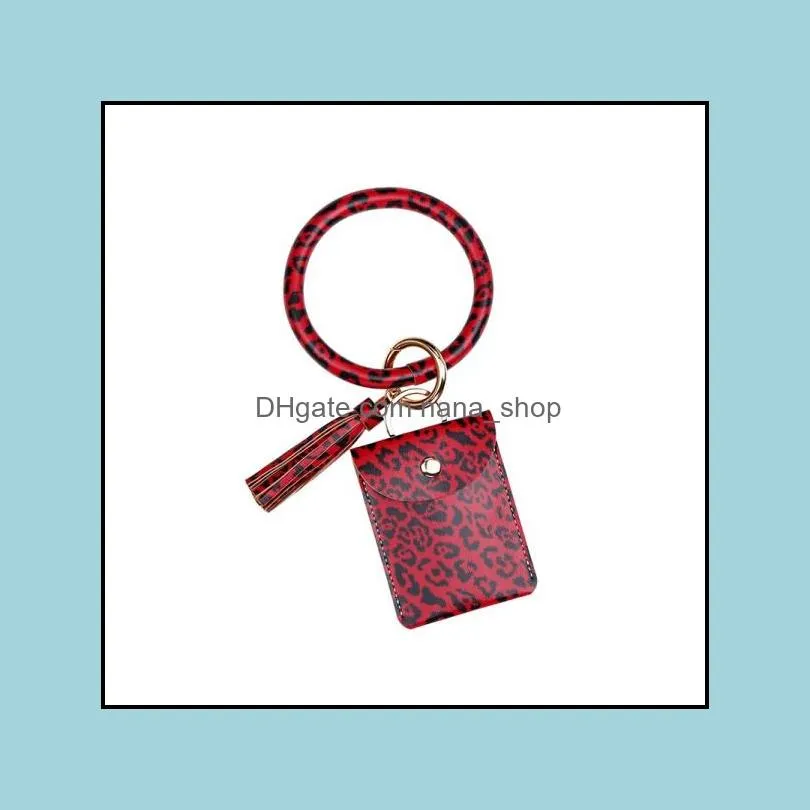 fashion round wristlet bracelet key rings women pu leather leopard tassel bracelets keychains girl purse bag keyring l13fa z