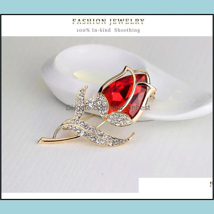 crystal tulip brooch pins gold diamond flower dress business suit for women fashion jewelry
