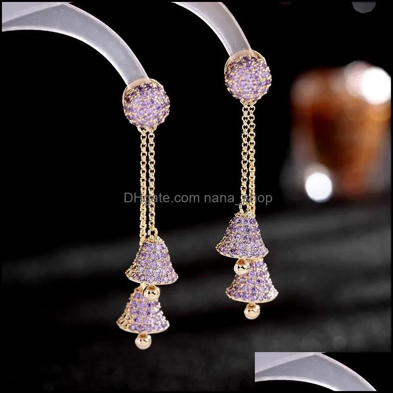 female crystal zircon stone dangle earrings fashion long tassel bells ear stud vintage charm papend studs earring for women