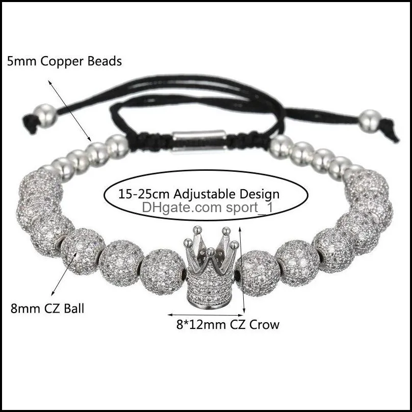 crown bracelets copper bead zircon diamond adjustable bracelet men women fashion charm jewelry for couples m532a f