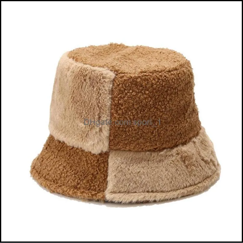 casual stitching contrast color faux fur winter stingy brim hats for women warm bucket hat men fisherman caps