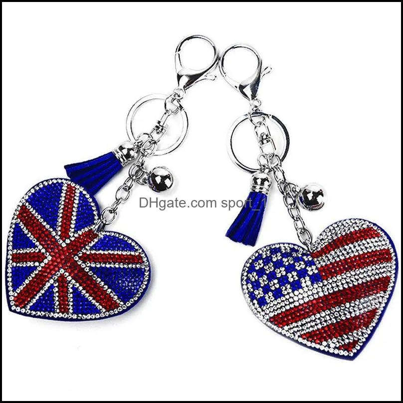  rhinestone heart flag of the united states keychain bling silver plated chain key rings hanging fashion car play pendant