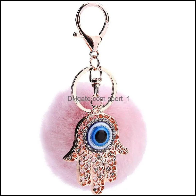 cute rhinestone devils palm blue eye car keychains fake fur women trinket bag key ring jewelry gift