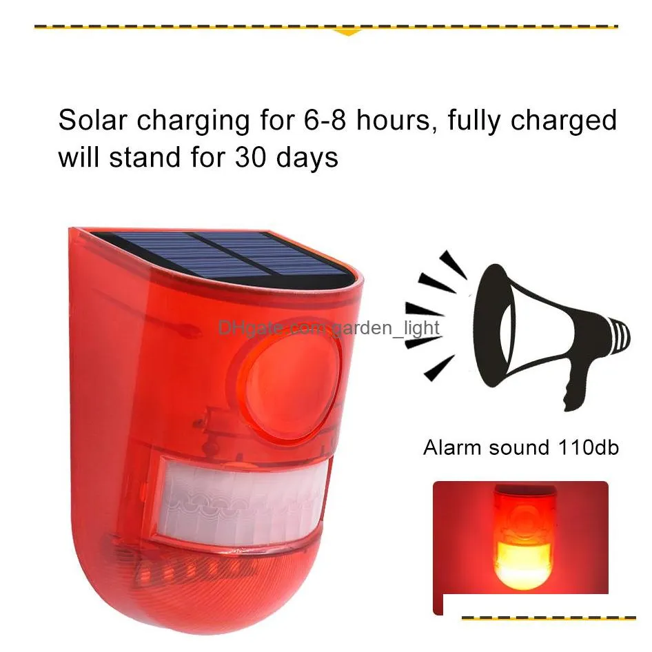 solar alarm lamp 110db warning sound 6led red light ip65 waterproof motion sensor caution lights for warehouse secret place wall