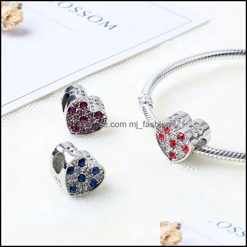 fits pandora bracelets 20pcs heart purple blue red crystal silver charms fits pandora charms bracelet beads for jewelry making 289c3