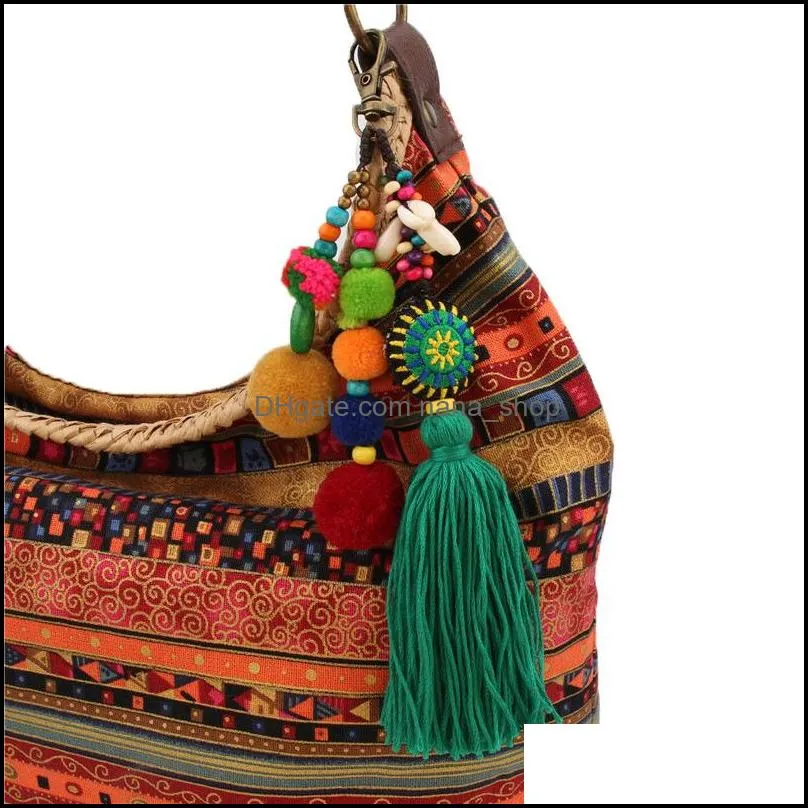 bohemian wood beads key chain pompom holder bag car hanging tassel pendant keychains woman jewelry for women y428z