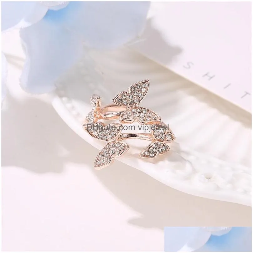 europe fashion jewelry four butterfly rings rhinstone opening ring