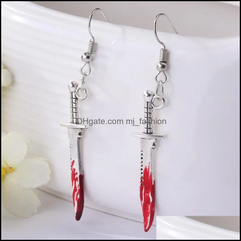 funny charm halloween horror spooky bloody kitchen knife personality earrings women geometric hiphop rock c3